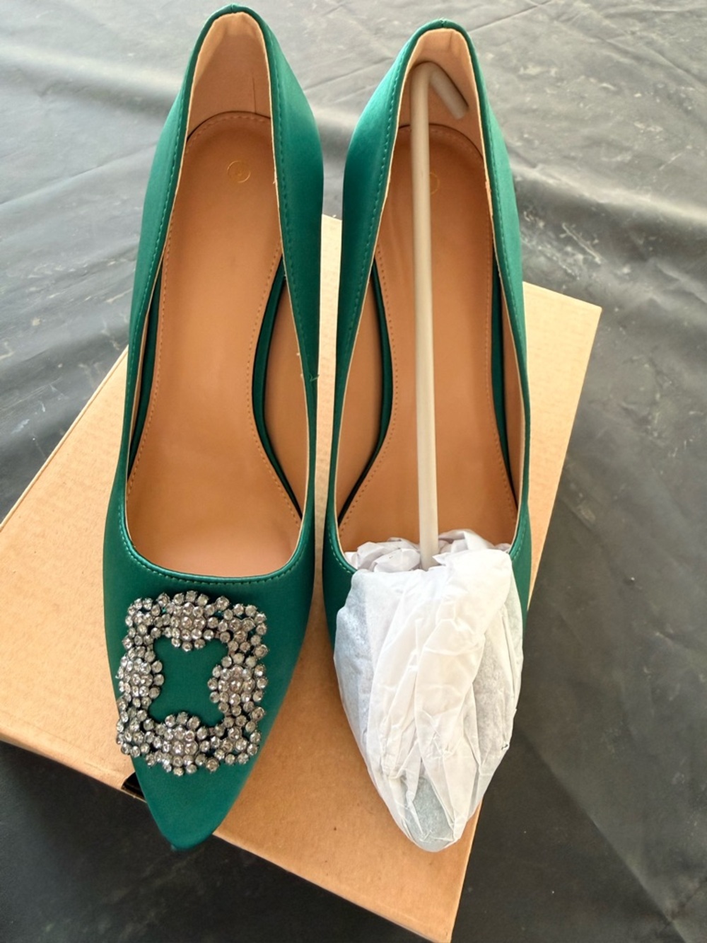 Emerald Green Crystal-Embellished Satin Heels